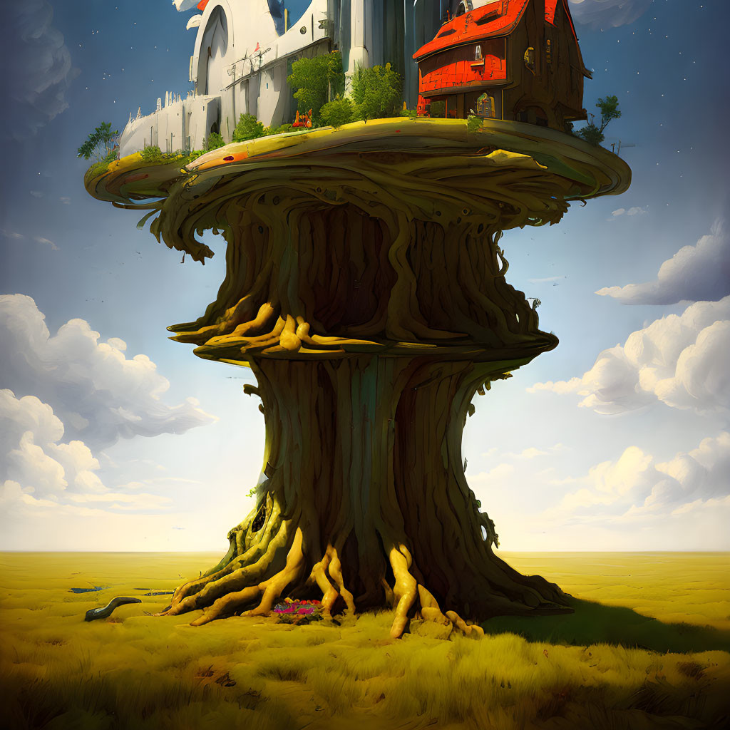 Illustration of massive tree with red-roofed house and castle in serene grassland