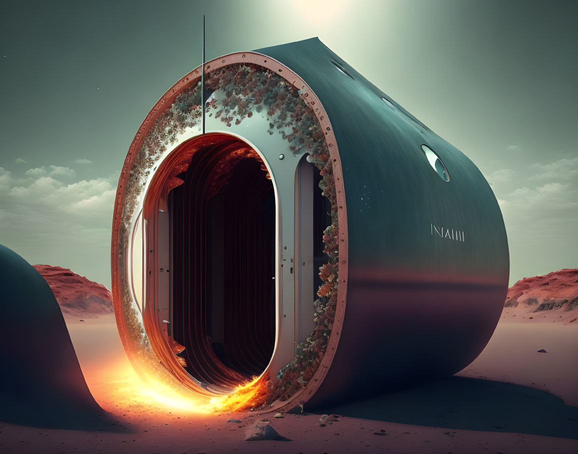 Futuristic habitation pod with illuminated circular doorway on Mars-like desert landscape