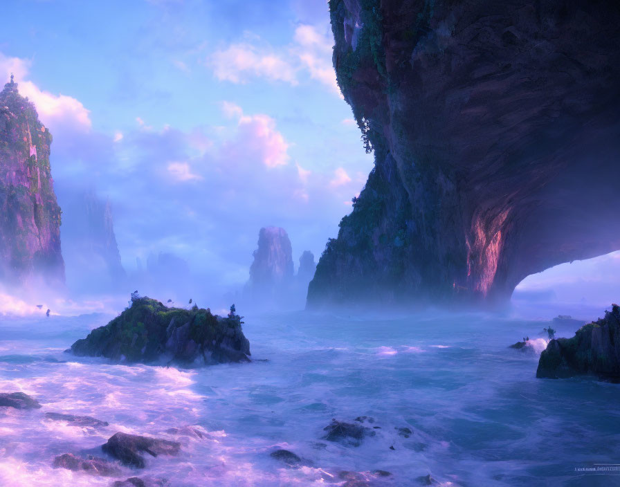 Fantastical landscape with towering rocks, misty waters, and purple sky