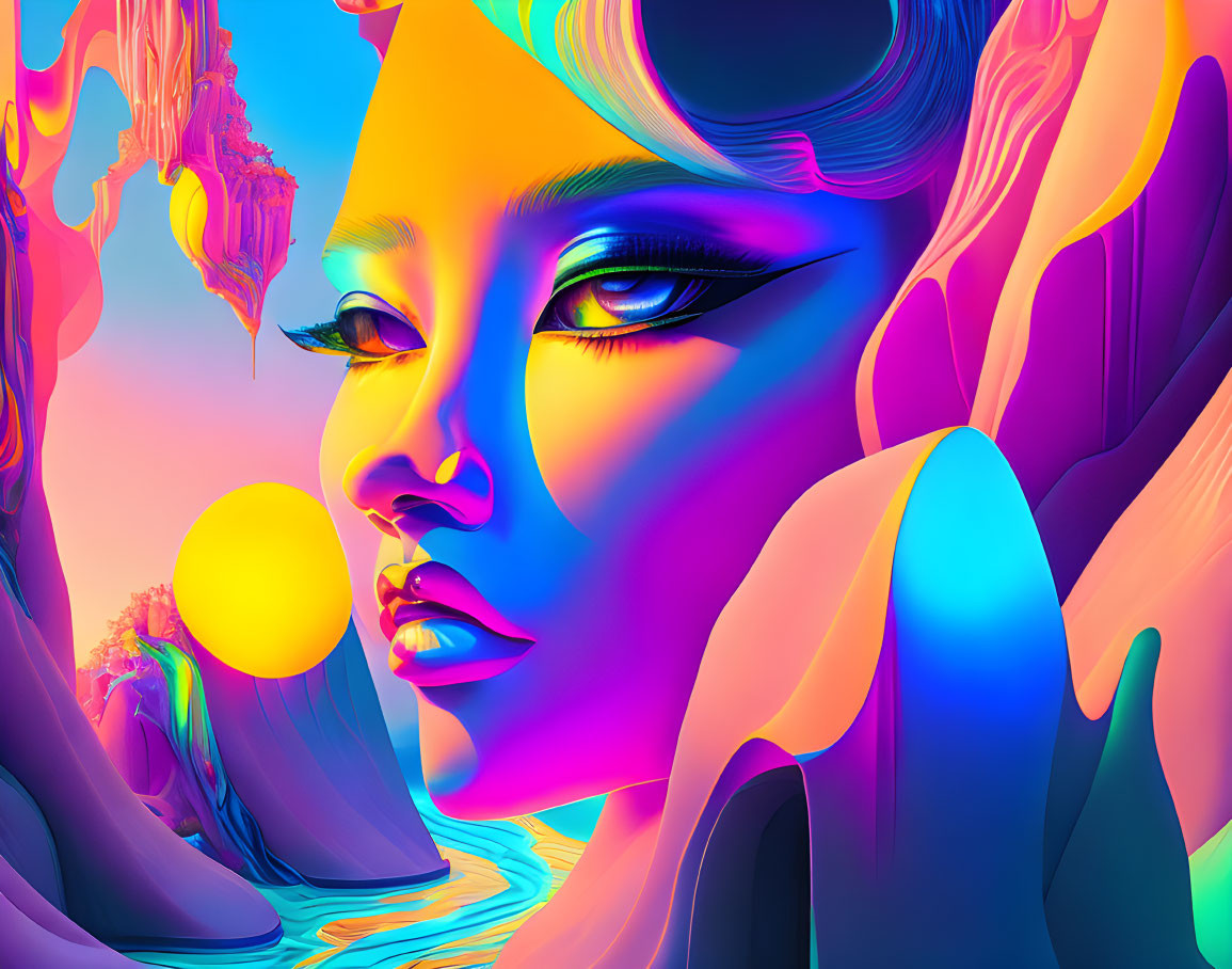 Colorful digital portrait of stylized woman with surreal landscape elements