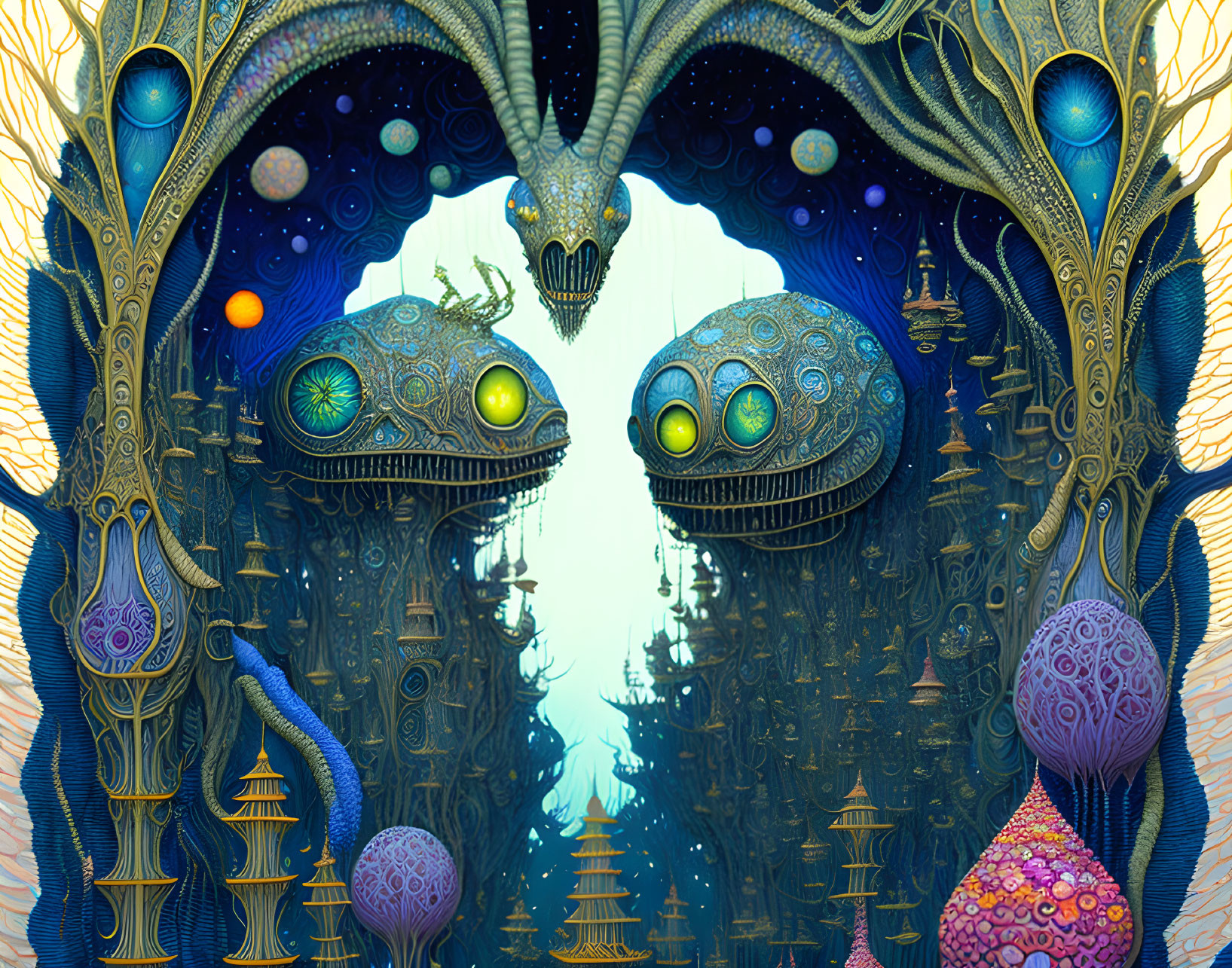 Vibrant surreal artwork: fantastical creatures, intricate patterns, alien forest, celestial elements