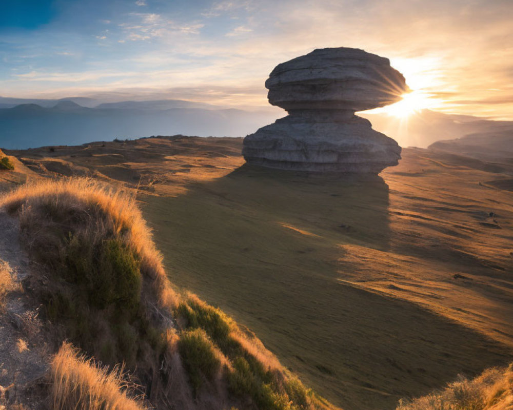 Sunset illuminating rock formation, golden plains, hazy horizon