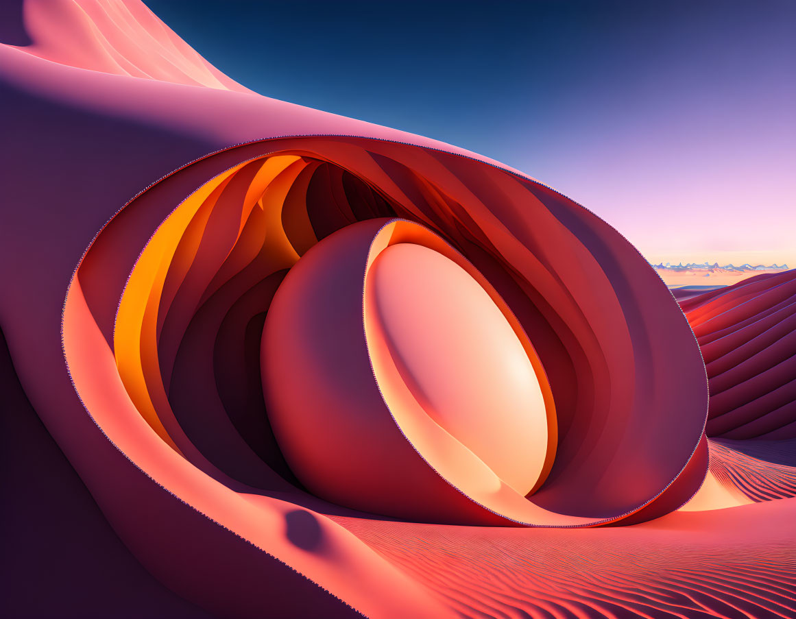 Layered pink and orange shapes in surreal landscape under blue sky