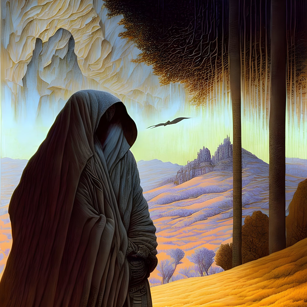 Cloaked Figure in Surreal Landscape with Castle and Orange Hills