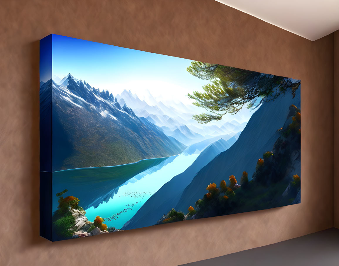 Panoramic mountain landscape with turquoise lake on brown wall