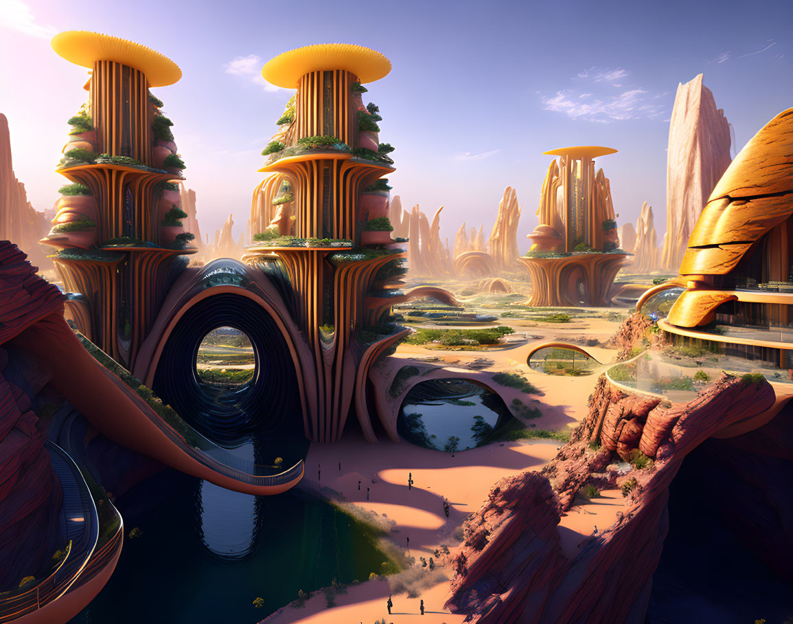 Futuristic landscape with organic structures, greenery, roads, water features, and red rock formations