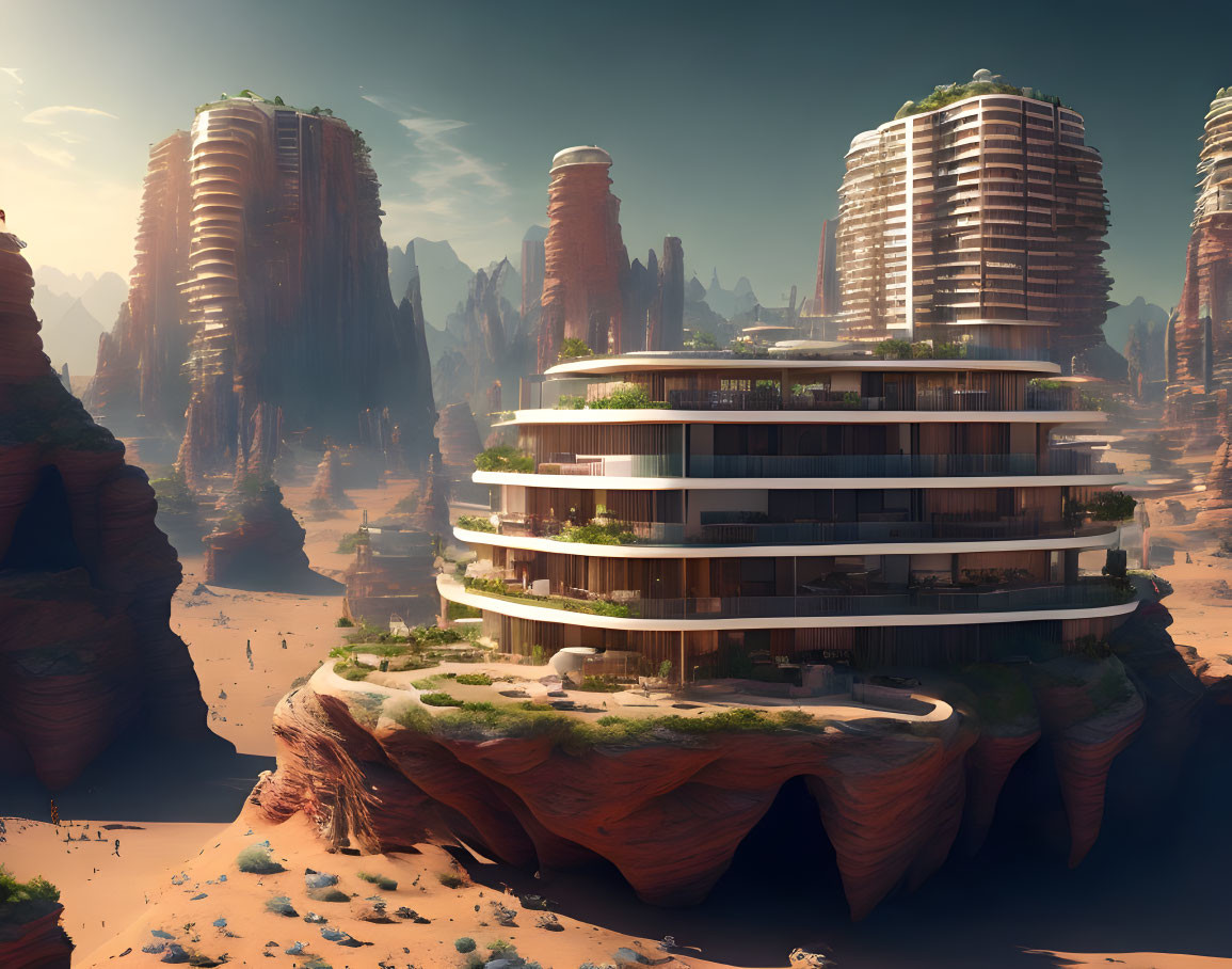 Futuristic desert cityscape with rock formations and modern circular buildings.