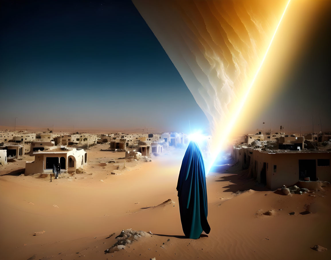 Person in blue cloak stands under starry sky in desert town with day-night contrast