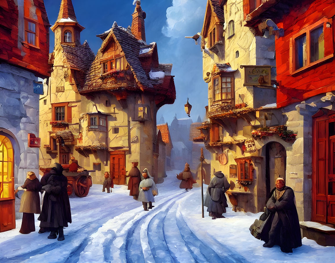 Snowy Village Winter Scene with Cozy Buildings and Cloaked Figures