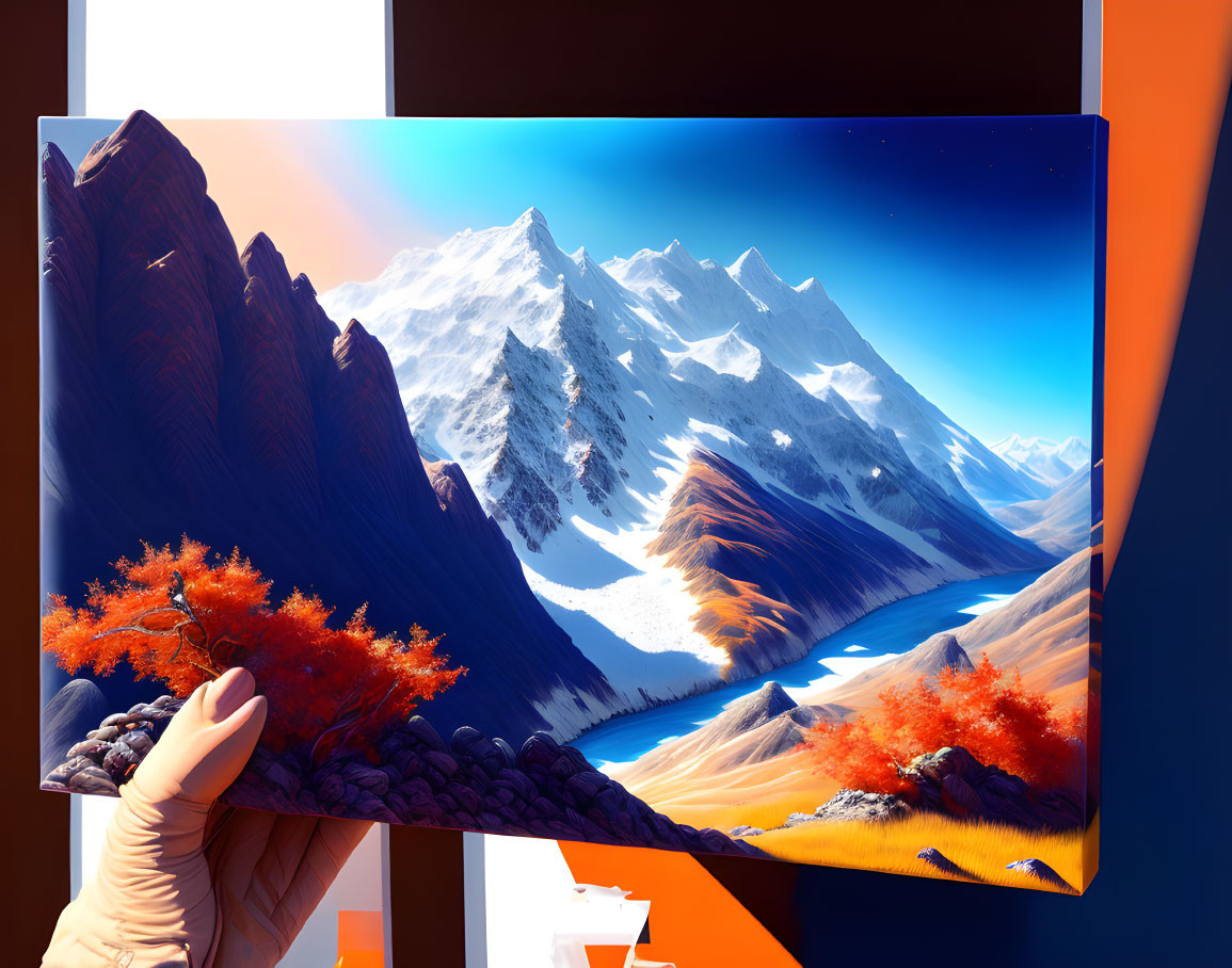 Hand holding canvas of surreal landscape with snowy peaks, autumn trees, serene lake, and starry sky