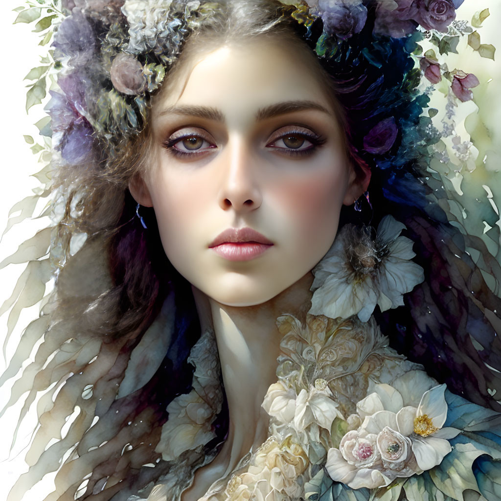 Woman portrait with expressive eyes, floral crown, and flower dress.