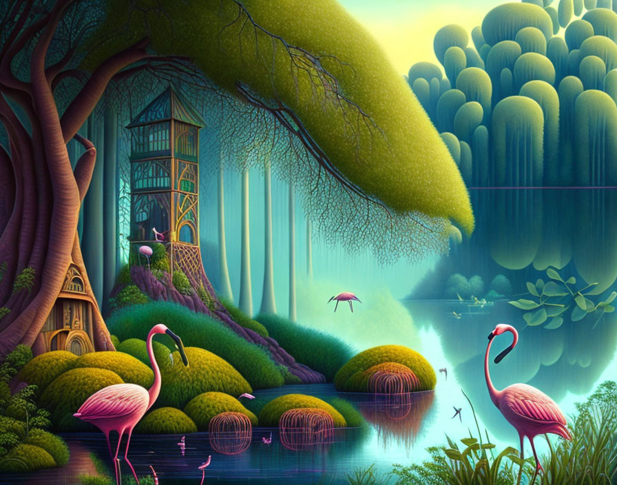 Vibrant forest scene with tree houses, flamingos, and serene lake