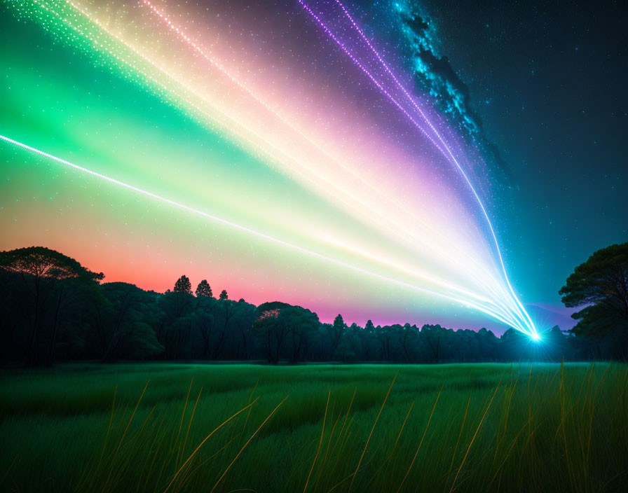 Majestic aurora lights over forest and grassy field