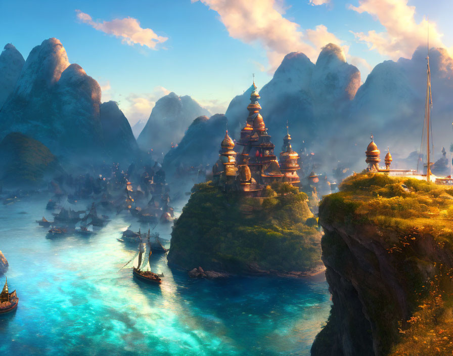 Ethereal Oriental pagodas on misty island with mountains and boats