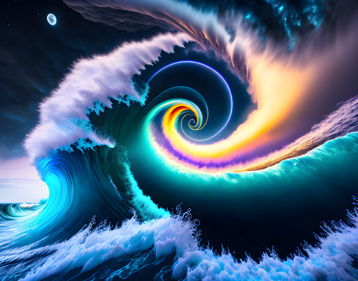 Surreal image of vibrant, spiraling waves under night sky