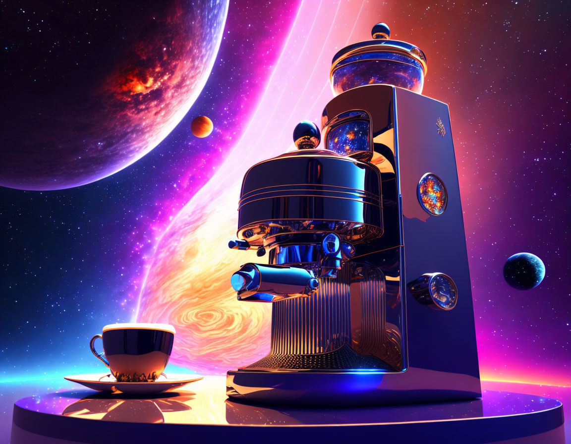 Futuristic espresso machine with cosmic backdrop and steaming coffee cup