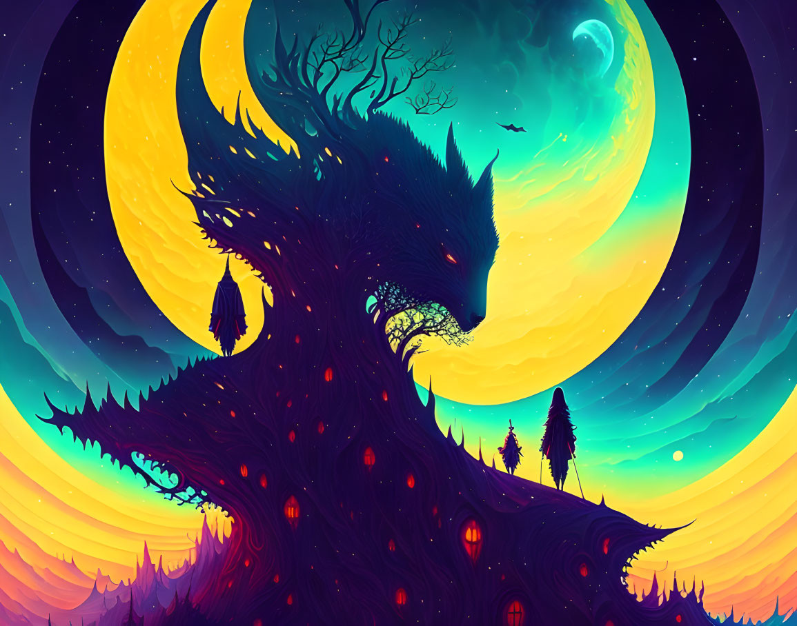 Fantasy illustration: Wolf-headed tree creature under moonlit sky