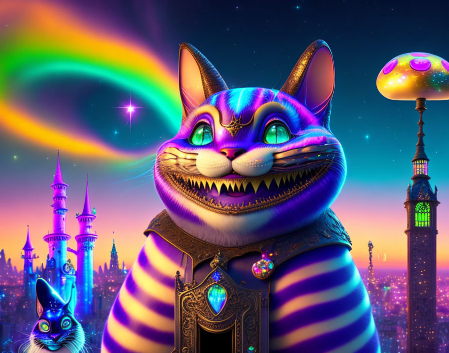 Colorful Stylized Cheshire Cat in Neon Cityscape & Night Sky