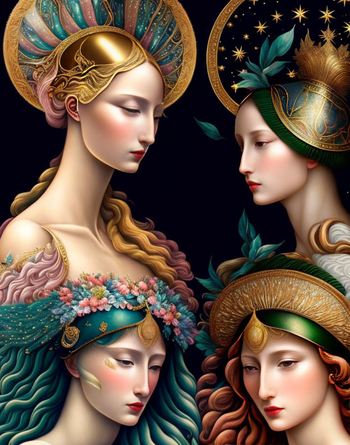 Stylized women with adorned headdresses and celestial motifs