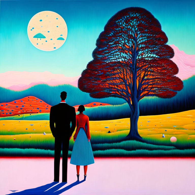 Couple under surreal landscape with tree and moon