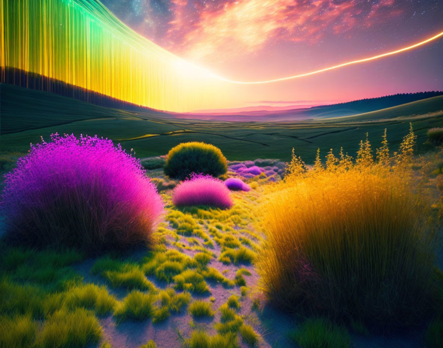 Colorful surreal landscape with glowing flora and radiant sky