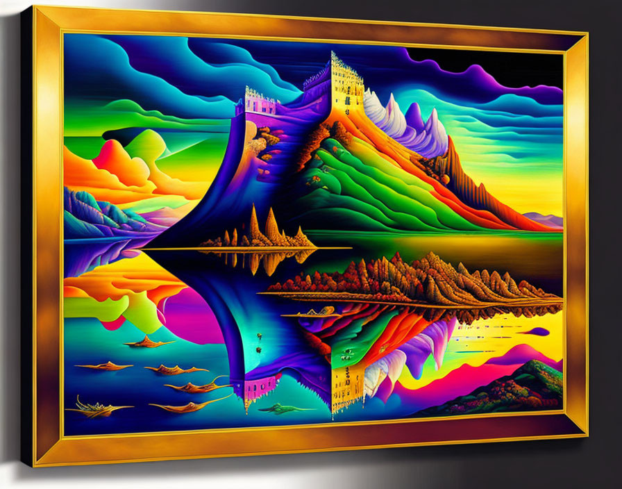 Colorful Surreal Landscape Painting with Wave-Like Mountains and Castles