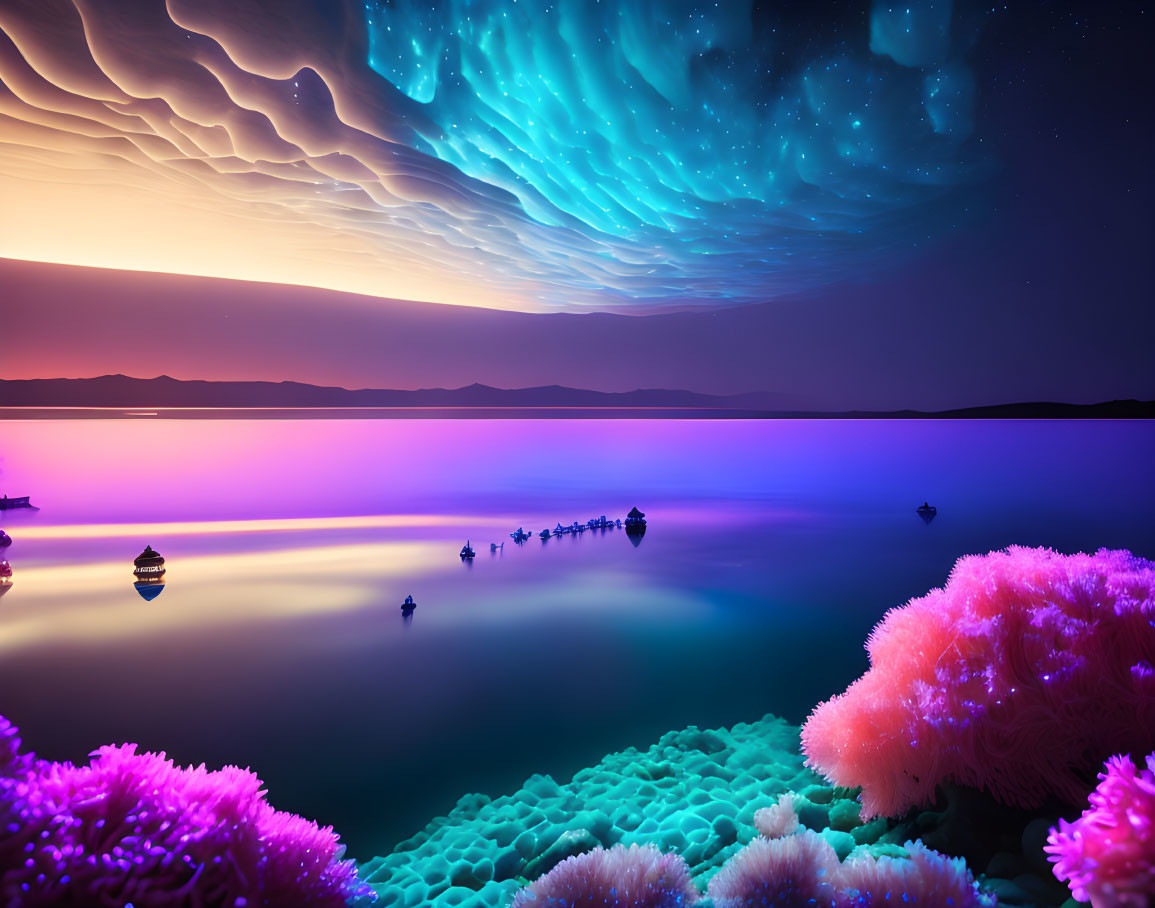 Surreal landscape with starry sky, northern lights, sea, and vibrant coral