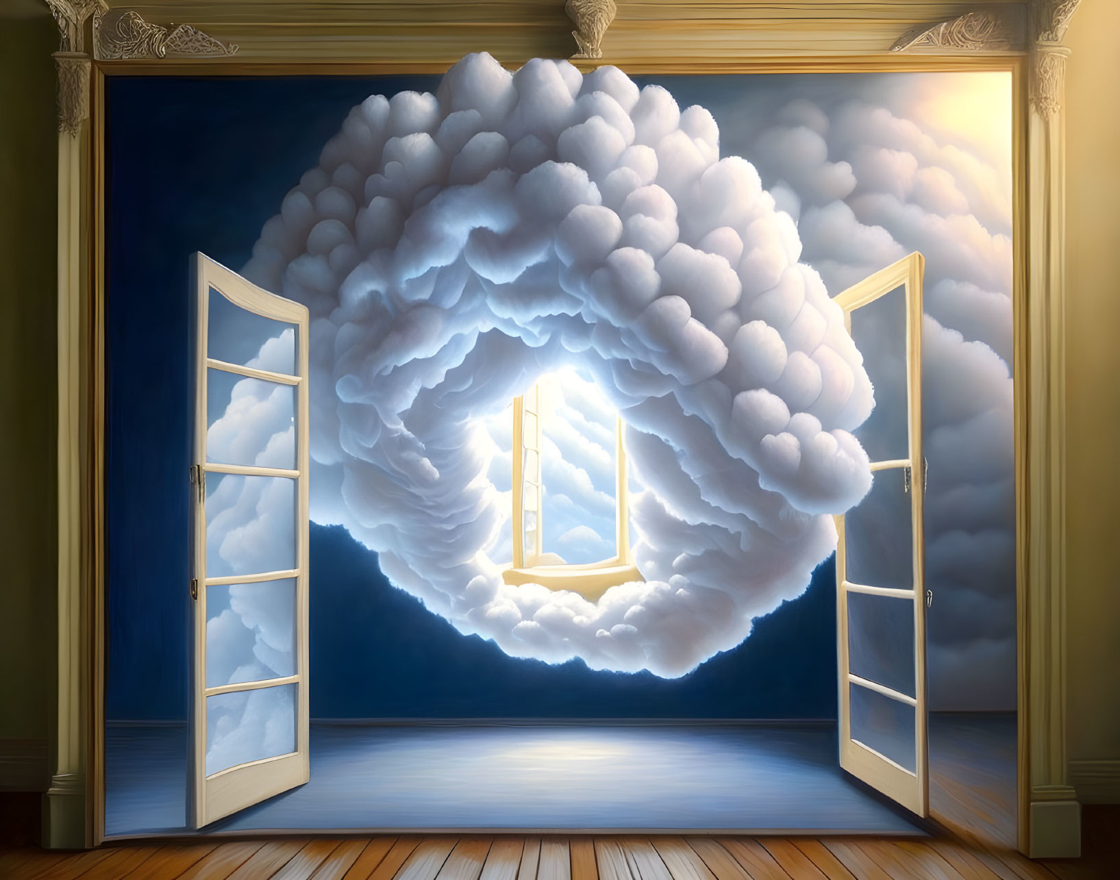 Surreal image of open double door to room with fluffy clouds and window on dark blue backdrop