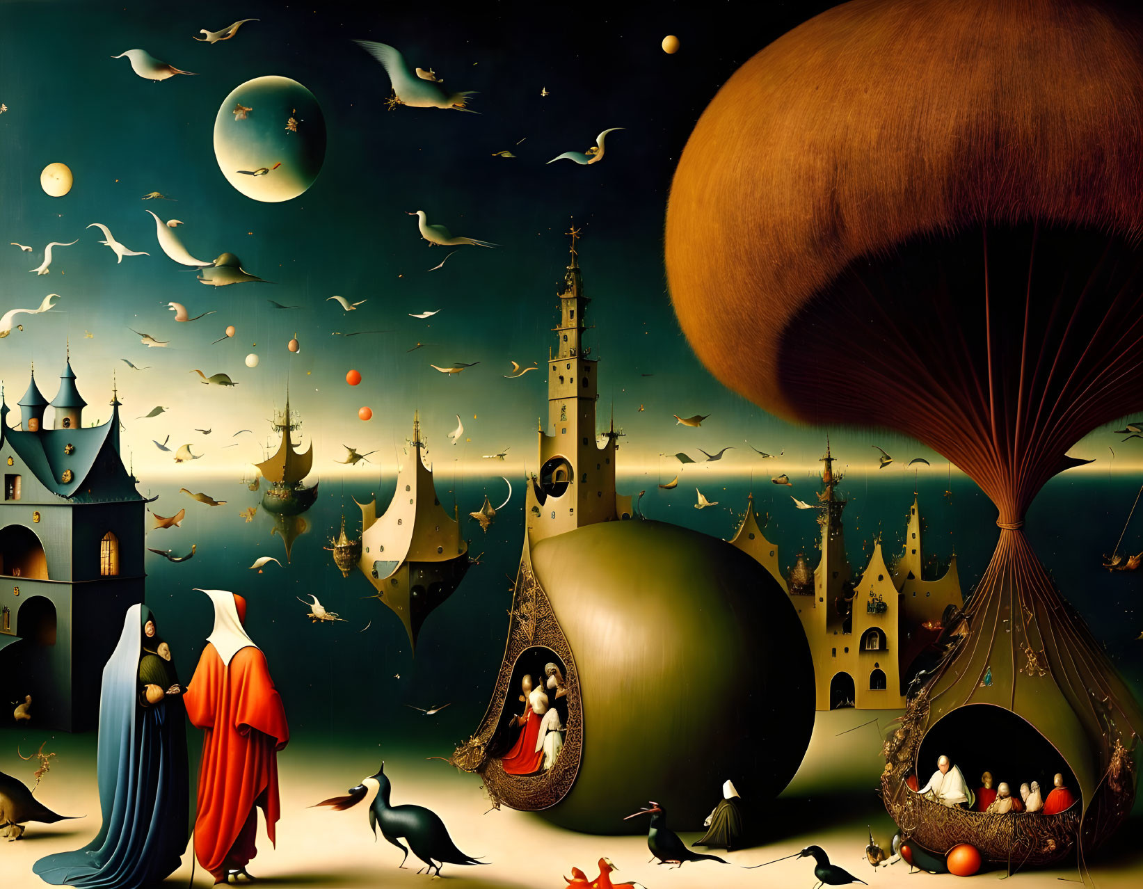 Whimsical surreal landscape with celestial bodies, cloaked figures, creatures, and giant fruit