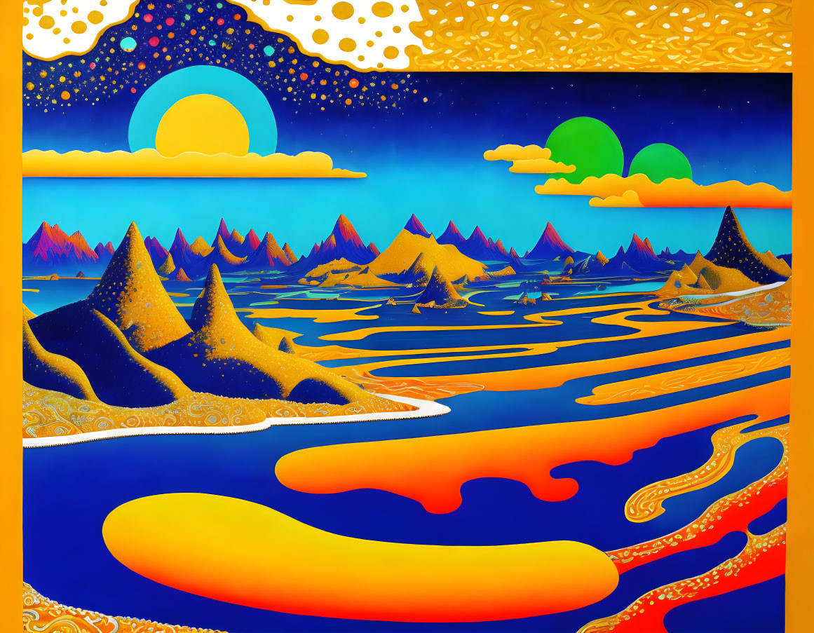 Surreal landscape with blue mountains, golden sky, sun, moons, and river