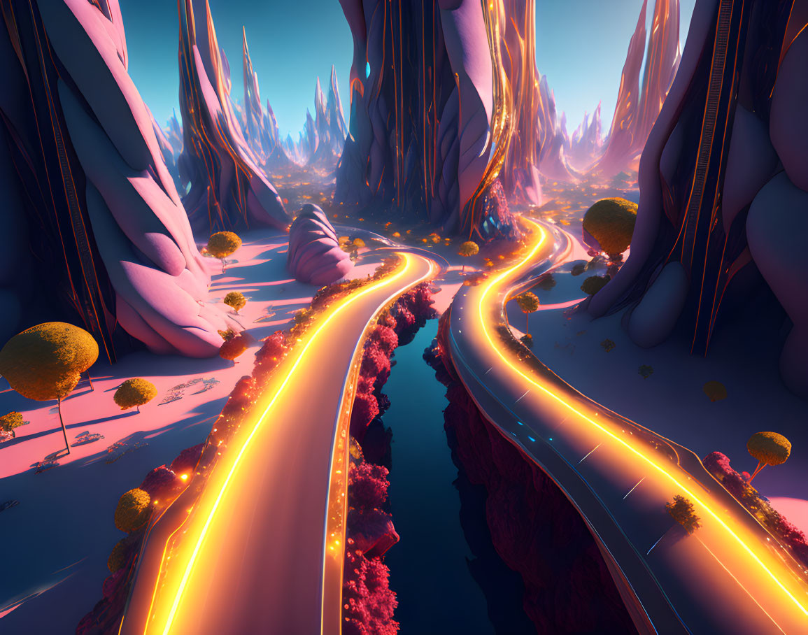 Alien rock formations and glowing pathways in vibrant landscape