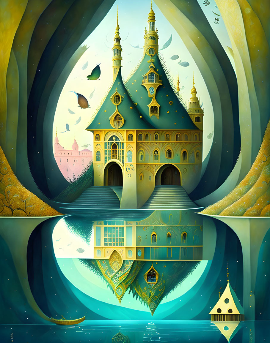 Fantastical castle with golden spires in dreamlike setting