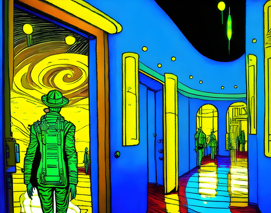 Person in Surreal Corridor with Starry Night Sky Doors