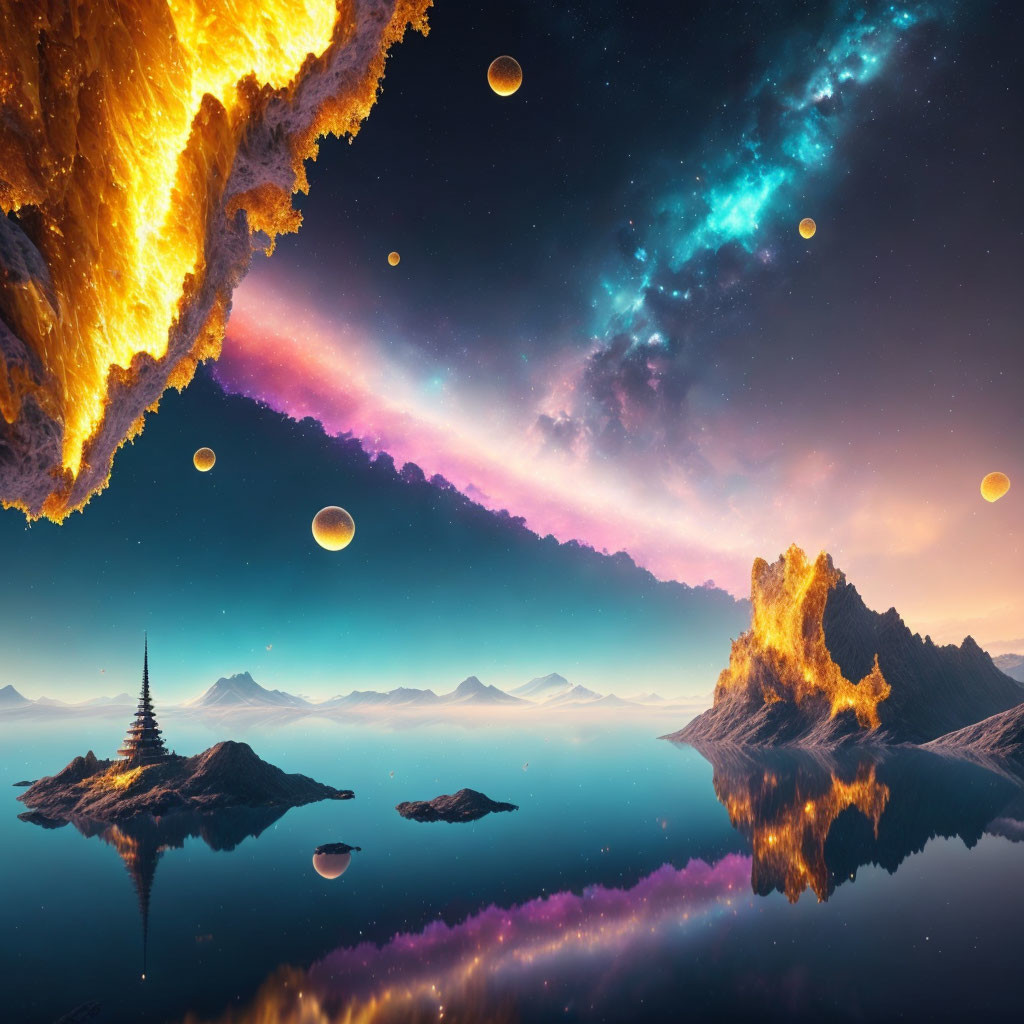 Vibrant surreal landscape with fiery asteroid and cosmic backdrop