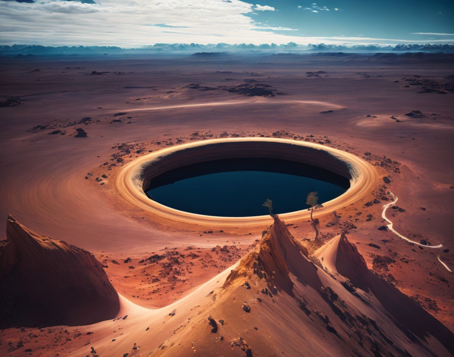 Desert landscape with dunes and sinkhole under dramatic sky