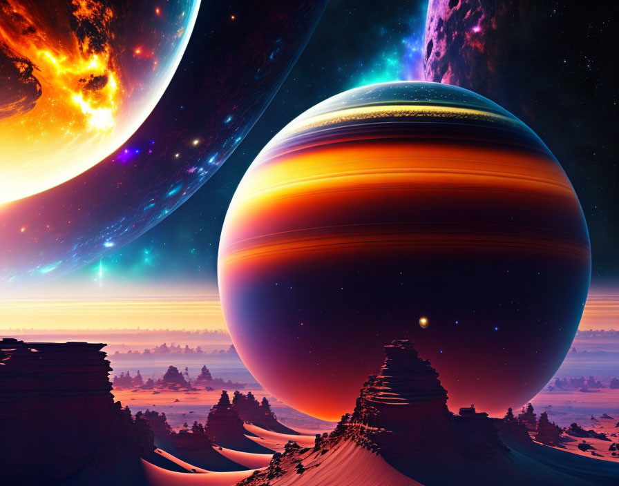 Sci-fi desert landscape with gas giant and moons