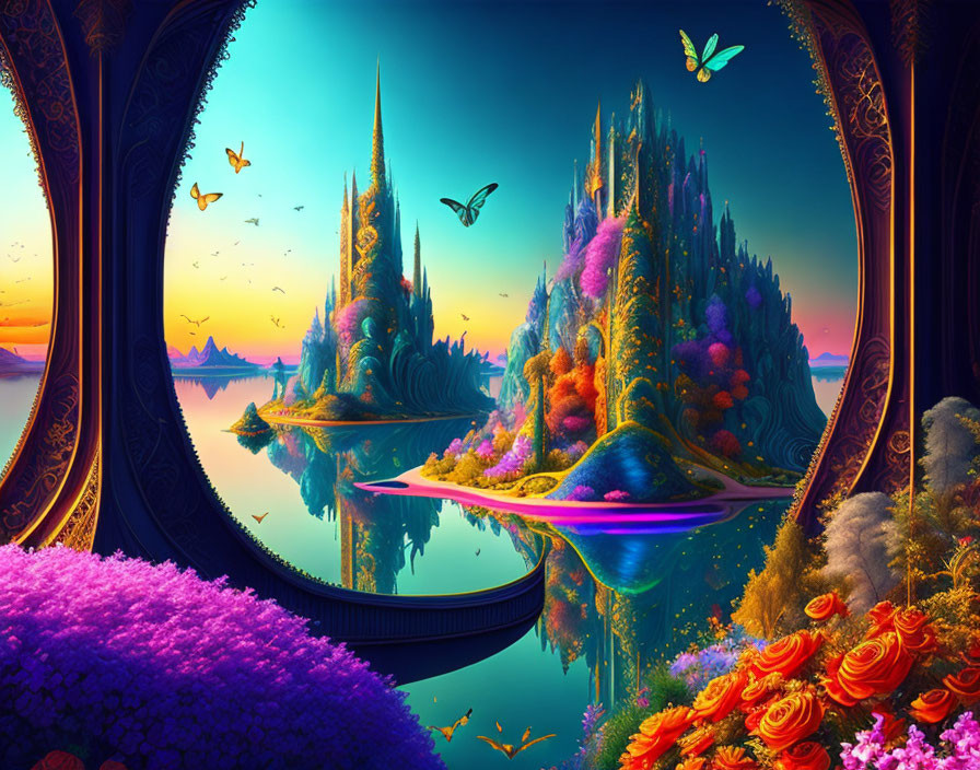 Colorful Fantasy Landscape with Flora, Architecture, Butterflies, and Lake