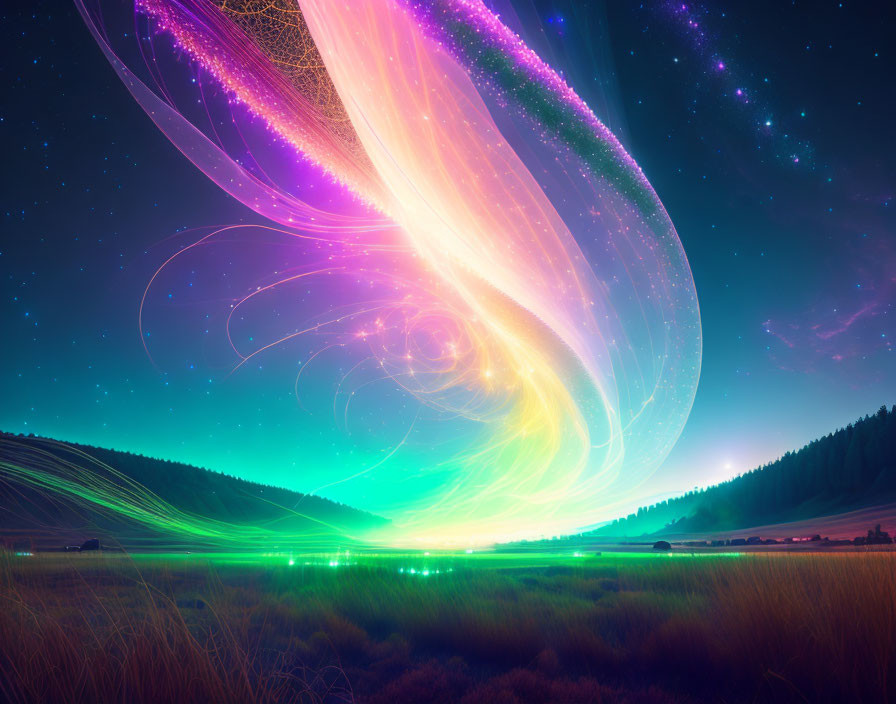 Colorful digital artwork: Swirling neon aurora over serene field