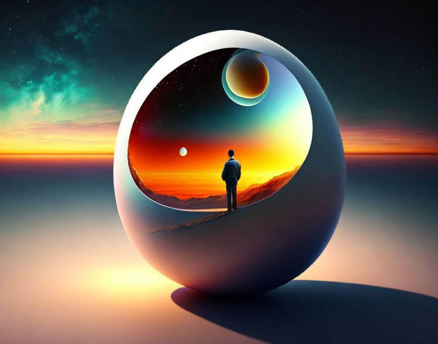 Surreal sci-fi landscape through spherical portal