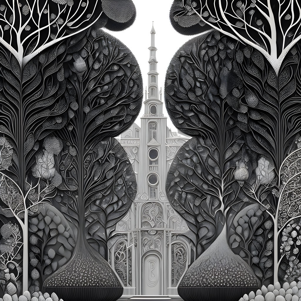 Monochromatic illustration of intricate building and stylized trees