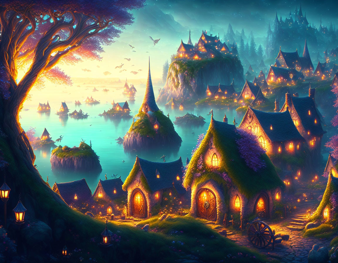 Fantastical illuminated village with hobbit-like houses, intricate tree, flying birds, and floating islands