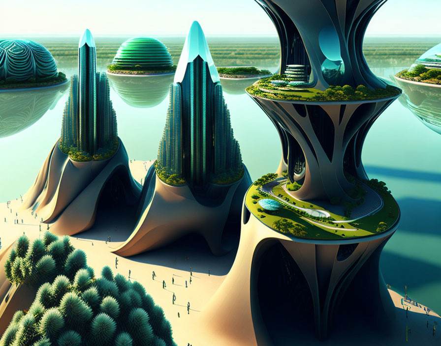 Futuristic landscape with organic-shaped buildings and lush greenery