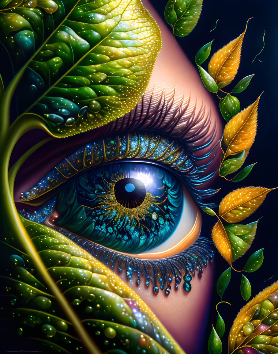 Detailed eye illustration with eyelashes and stylized leaves blending nature and human elements