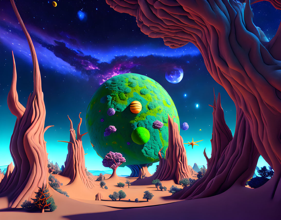 Surreal Landscape with Colorful Planets and Trees