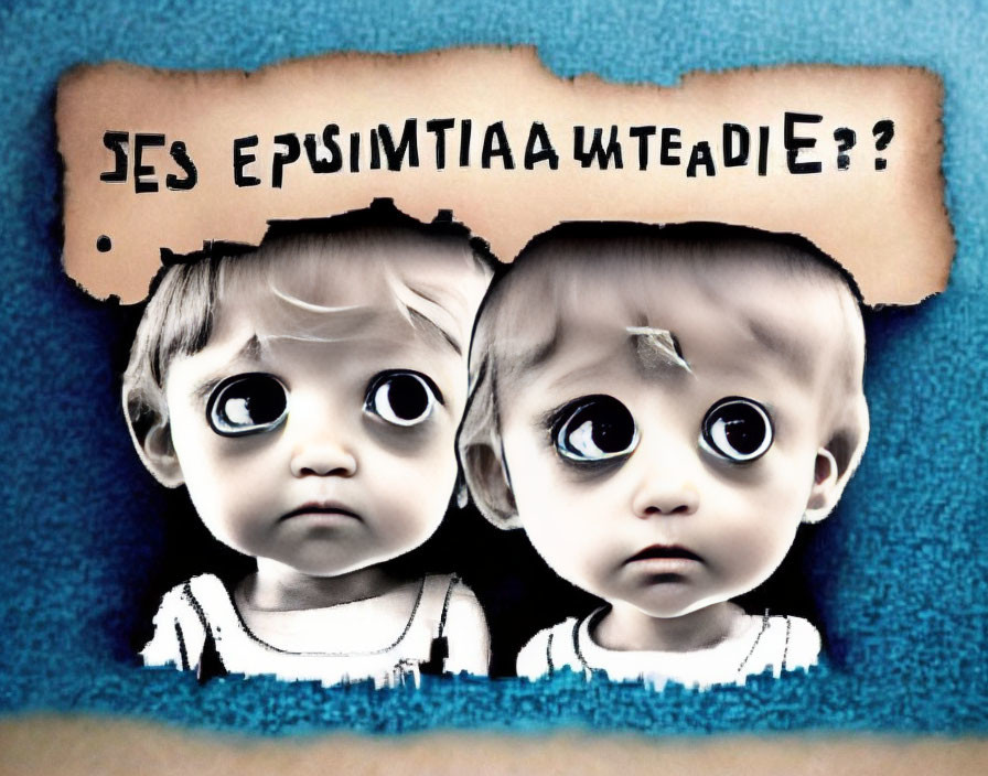 Cartoon toddlers with oversized eyes in a worried pose against torn edges on blue background.