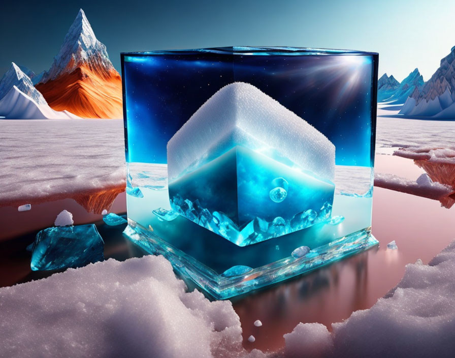 Transparent cube with snowy mountaintop in surreal landscape.