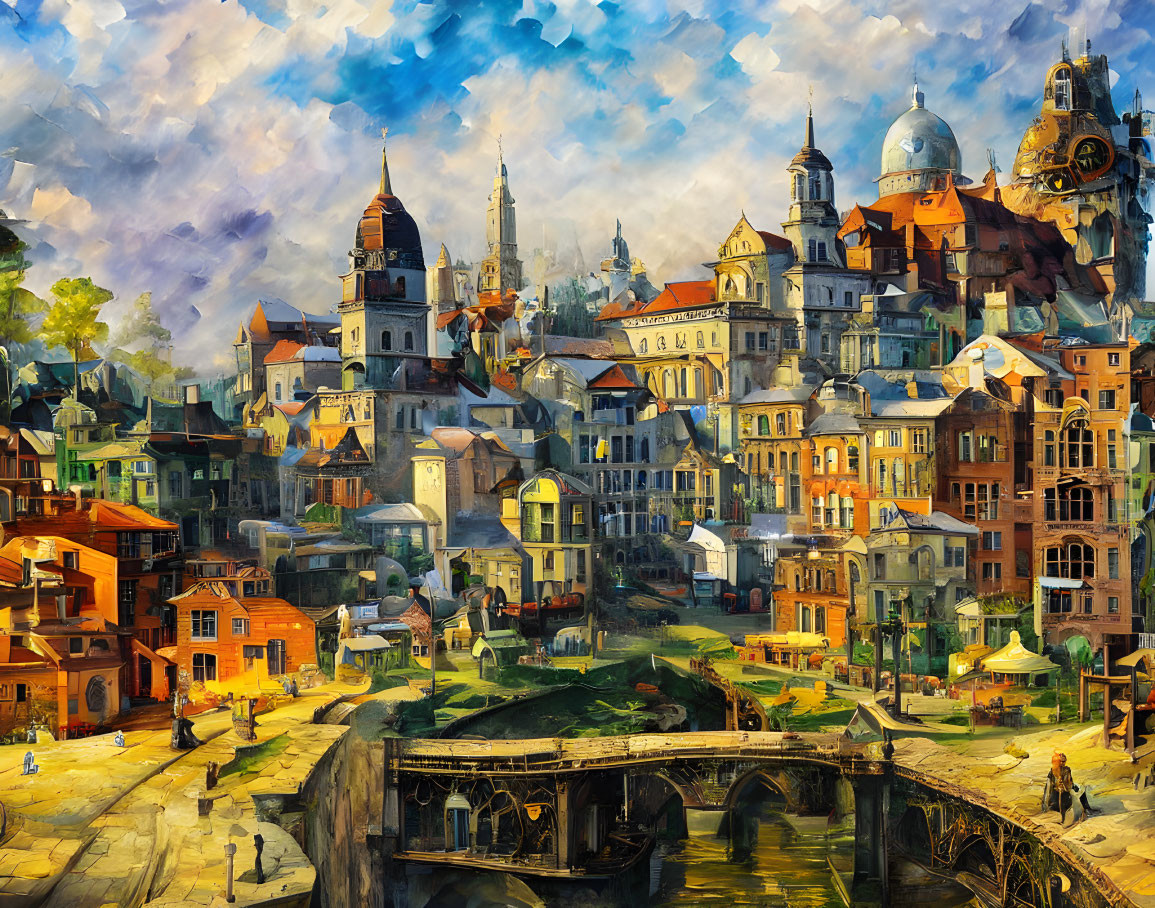 Colorful cityscape painting with diverse architecture, stone bridge, river, and people under dynamic sky