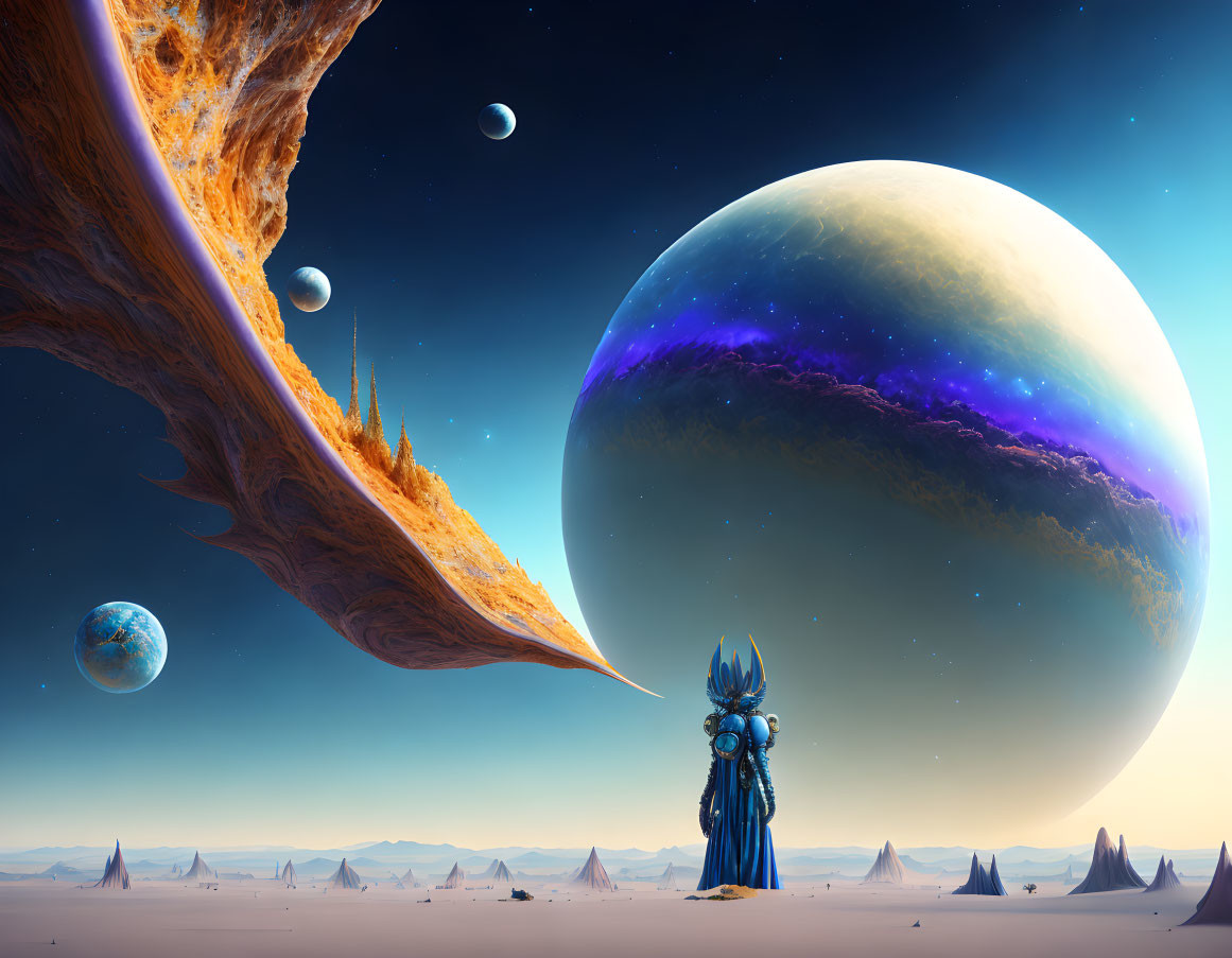 Blue-armored figure in barren landscape with planets and moons in starry sunset.