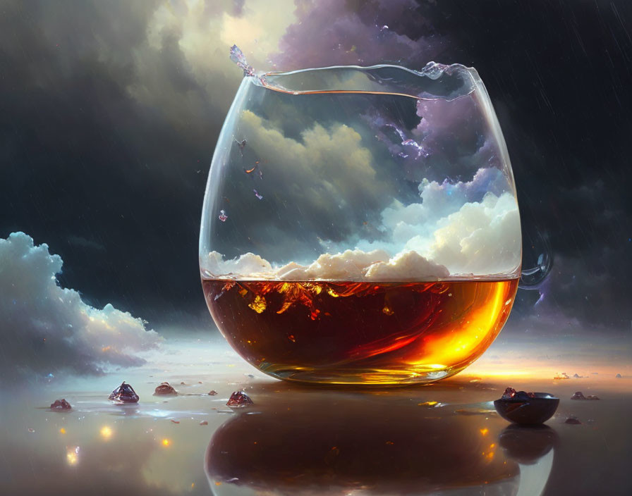 Surreal digital artwork: Transparent tea cup with sky reflection