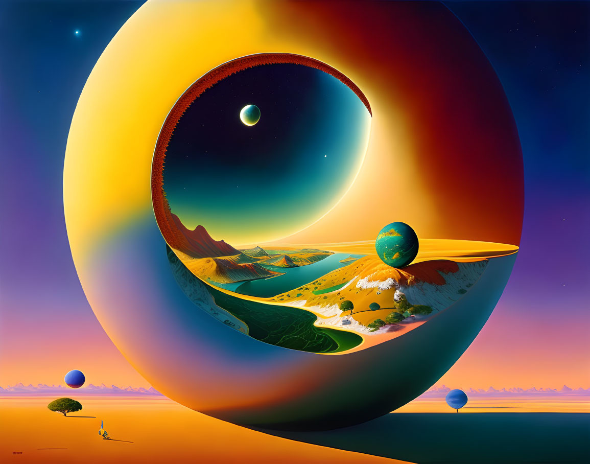 Surreal Landscape with Crescent Structure and Cosmic Elements